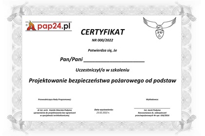 Projektowanie bezpieczeństwa pożarowego od podstaw - Certyfikat + materiały